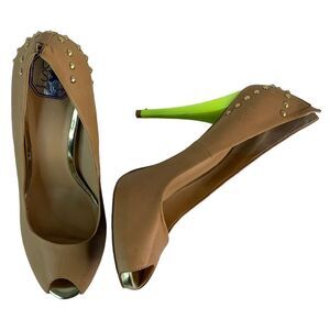 DMSX Donald J Pliner Latoya Tan/Green Neon Heels Peep Toe Stiletto Sz 8